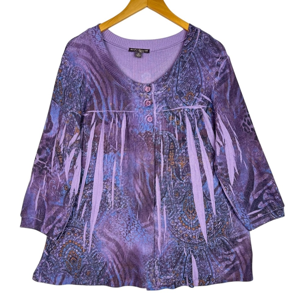 Sugie Couture Women Babydoll Tunic Top 1X Purple Paisley 3/4 Sleeve Button Front